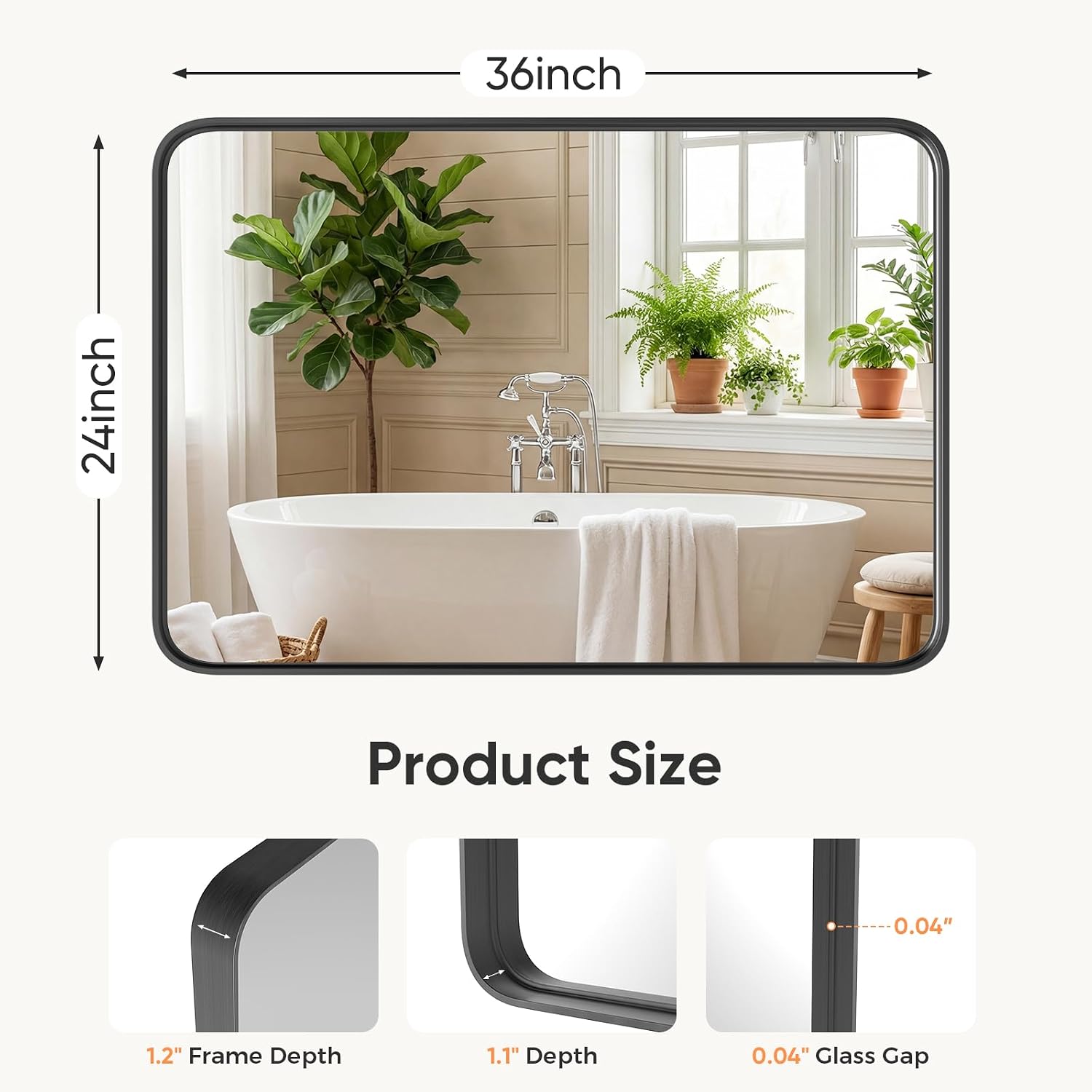 Black Rounded Rectangle Wall Mirror 36 x 24 Inch