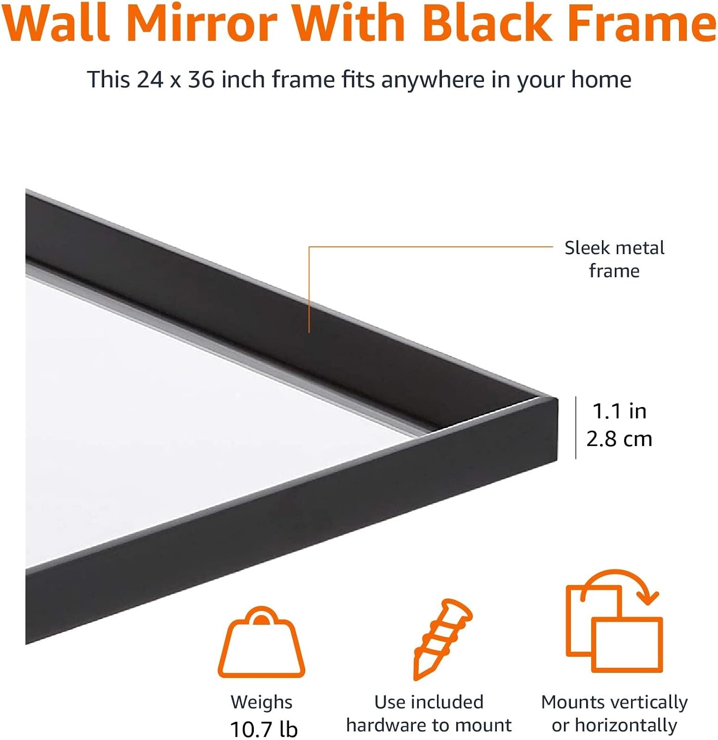 Black Trim Rectangular Wall Mirror 24x36 Inch