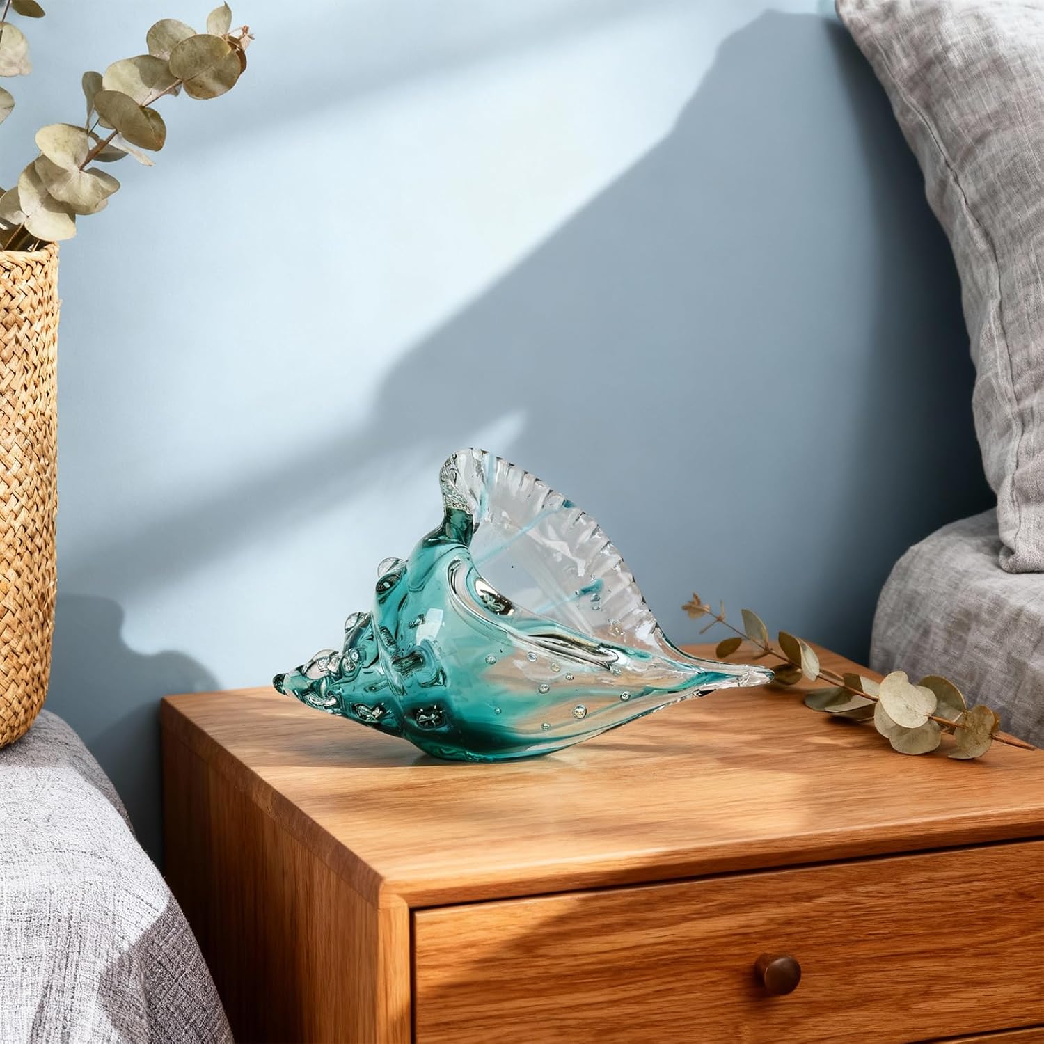 Blue Hand-Blown Glass Conch Sculpture