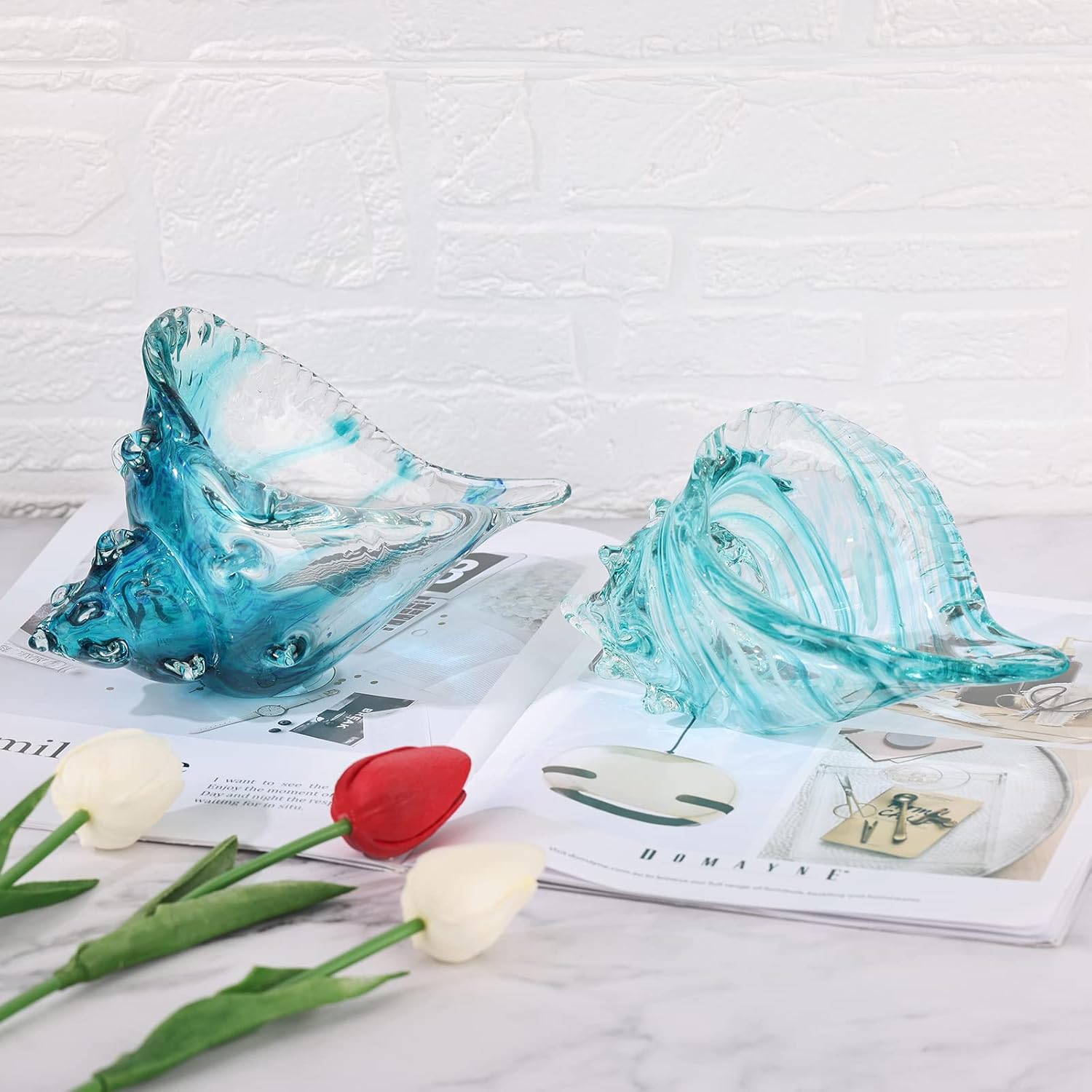 Blue Hand-Blown Glass Conch Sculpture