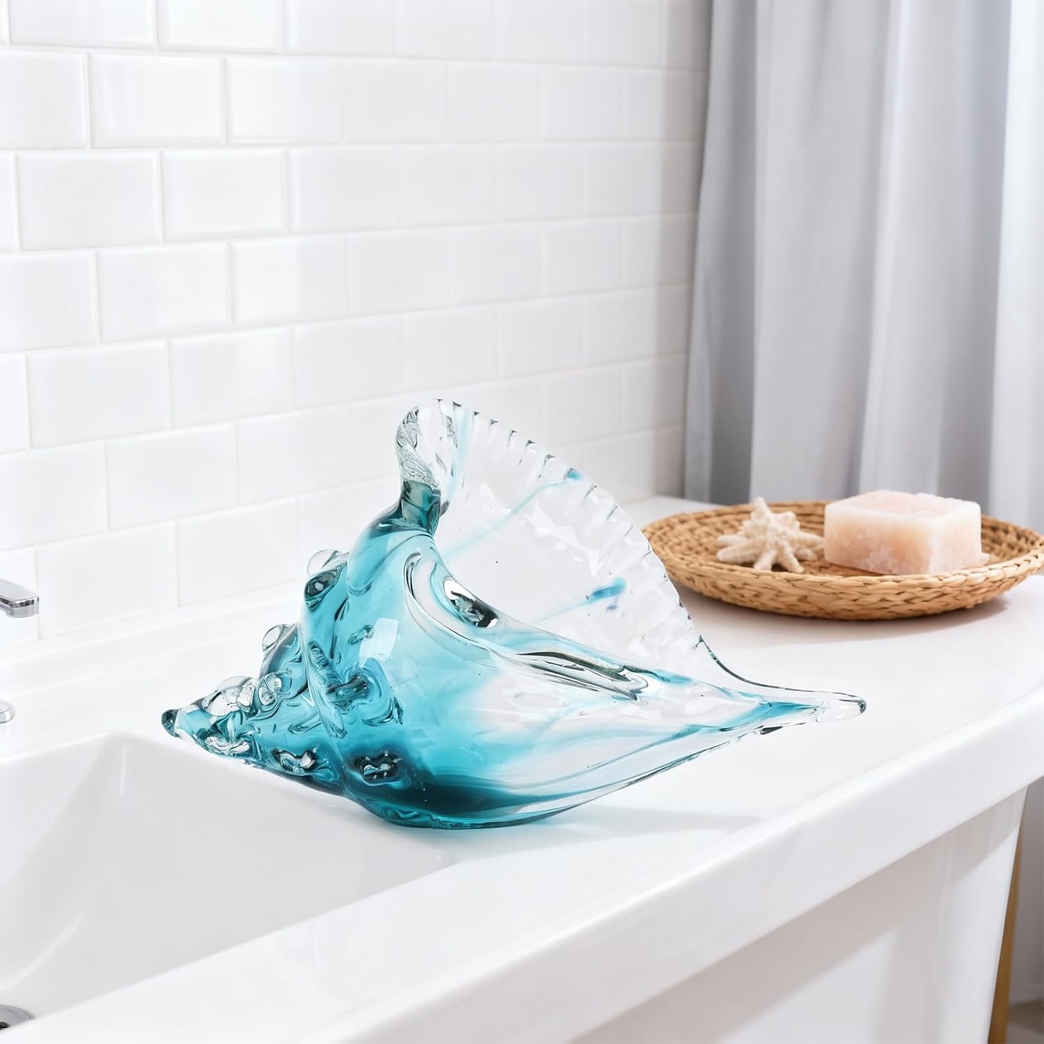 Blue Hand-Blown Glass Conch Sculpture