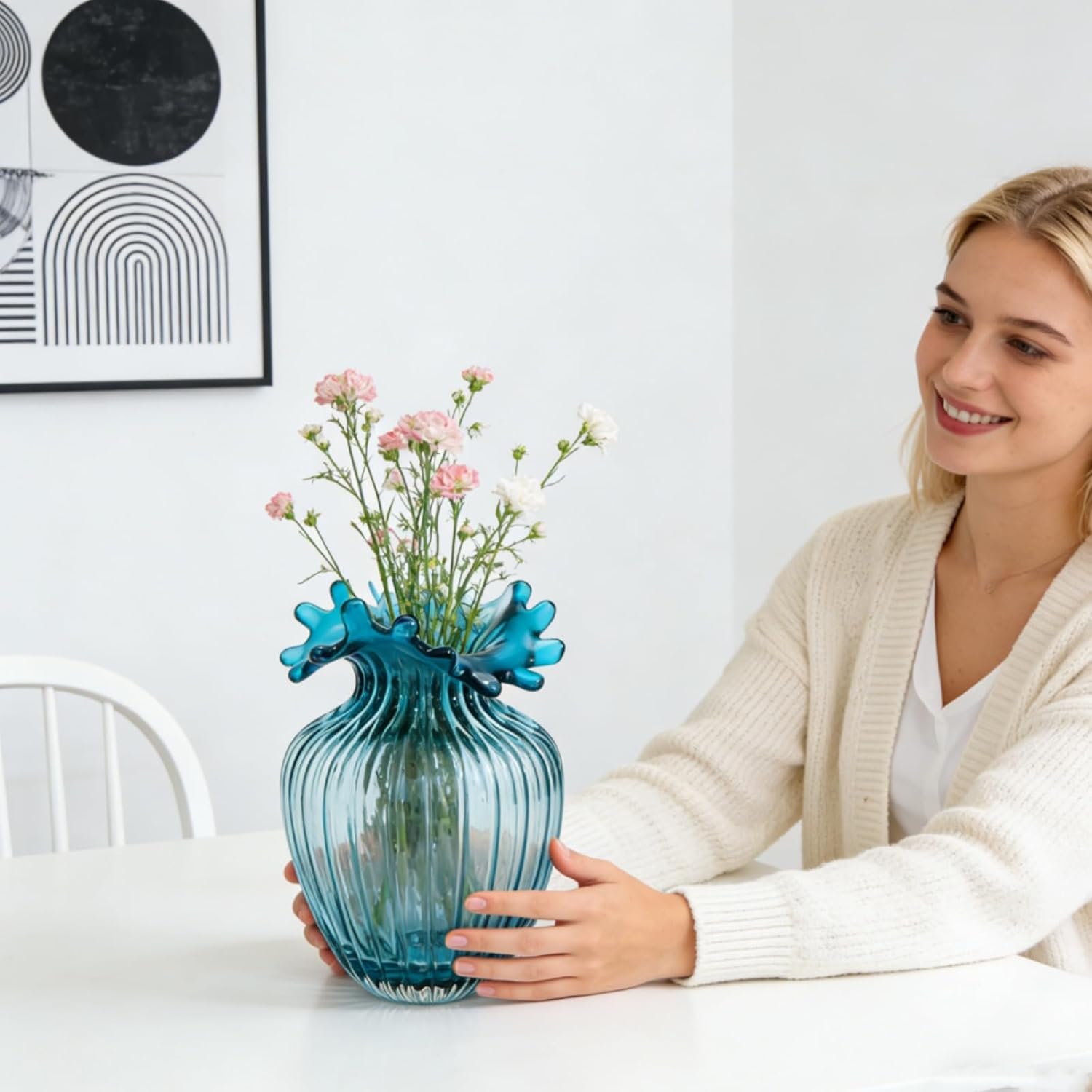 Blue Ribbed Glass Vase with Scalloped Rim