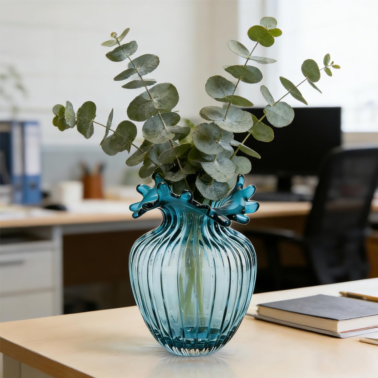 Blue Ribbed Glass Vase with Scalloped Rim