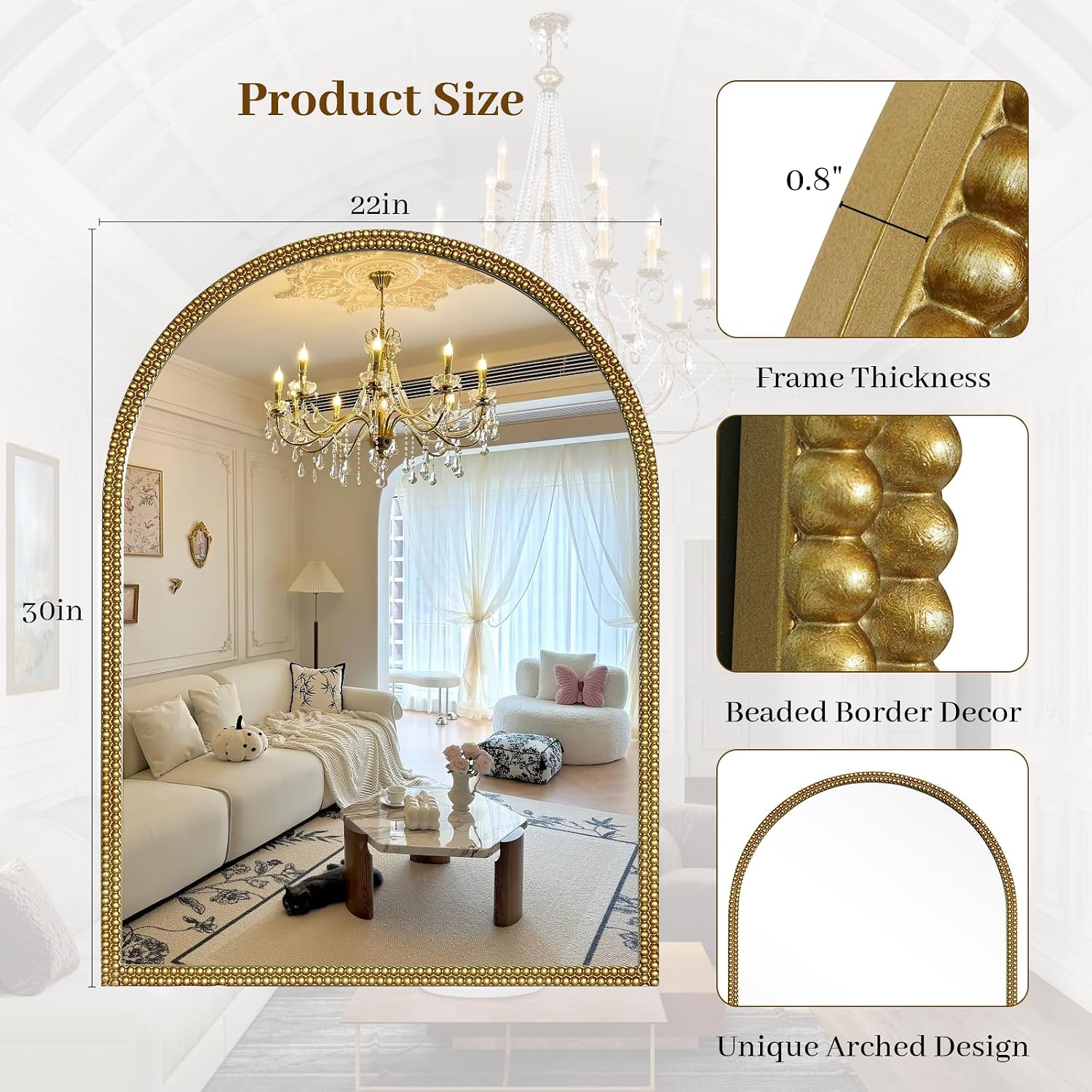Gold Beaded Arched Wall Mirror 30 x 22 Inch
