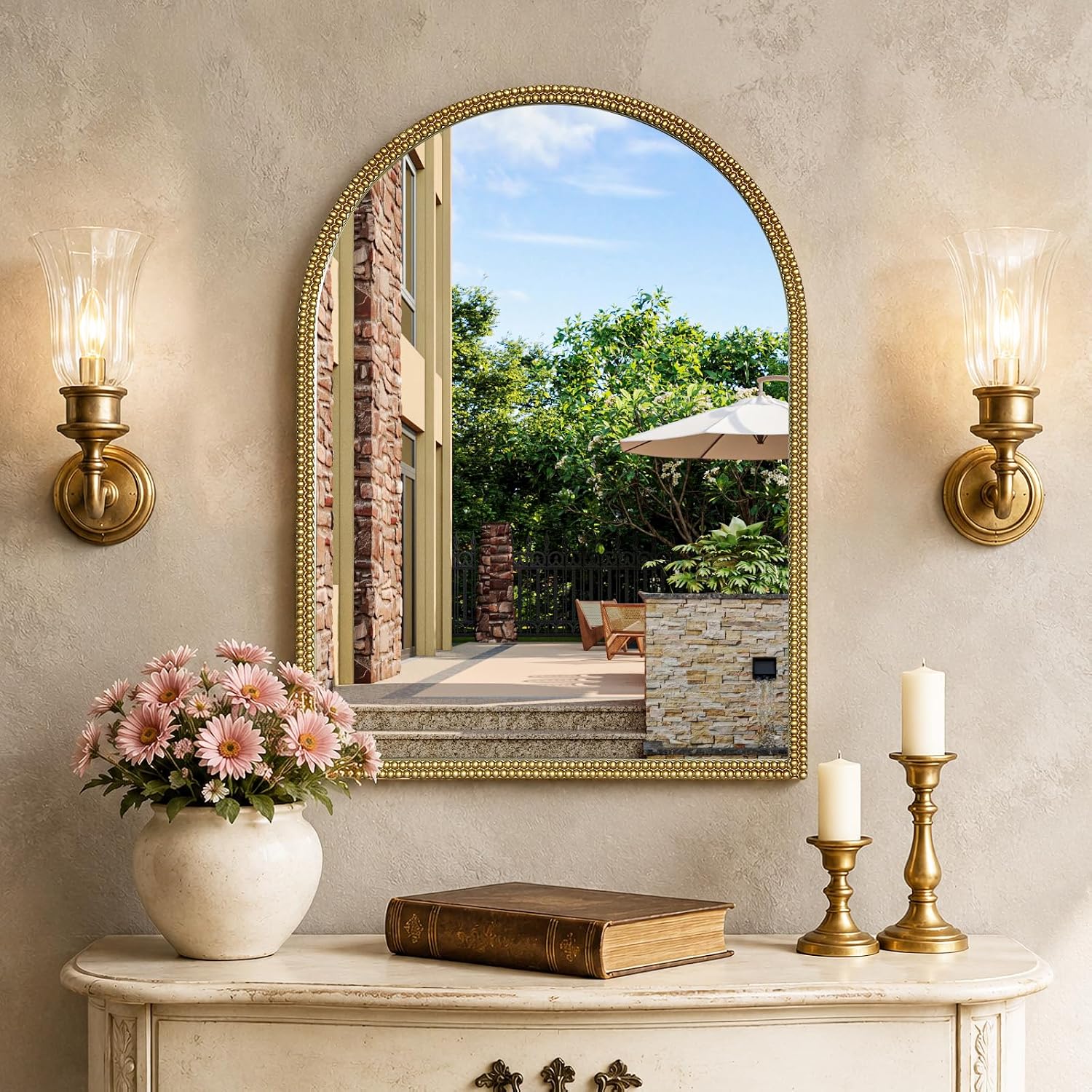 Gold Beaded Arched Wall Mirror 30 x 22 Inch