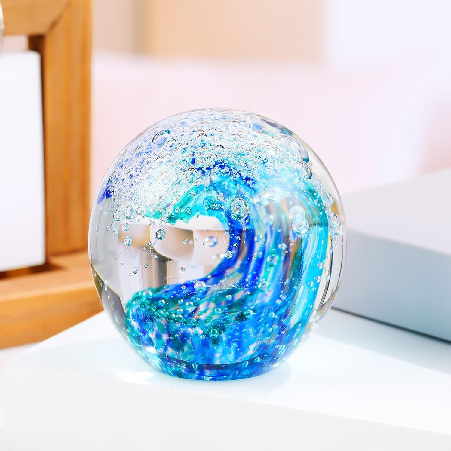 Hand-Blown Glass Ocean Wave Paperweight