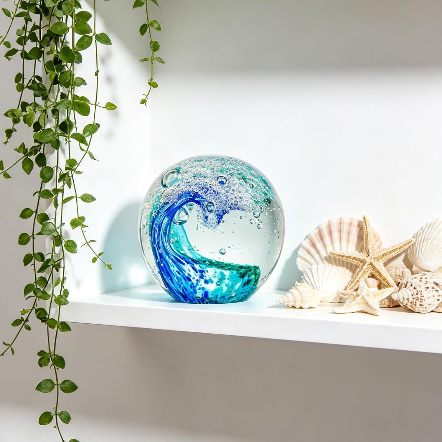 Hand-Blown Glass Ocean Wave Paperweight