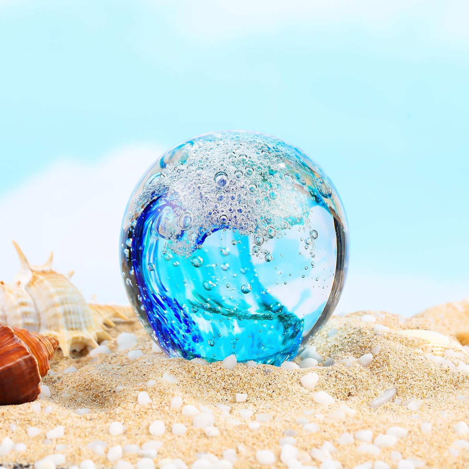 Hand-Blown Glass Ocean Wave Paperweight