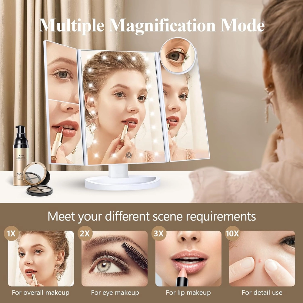 Tri-Fold LED Makeup Mirror with 10X Magnification