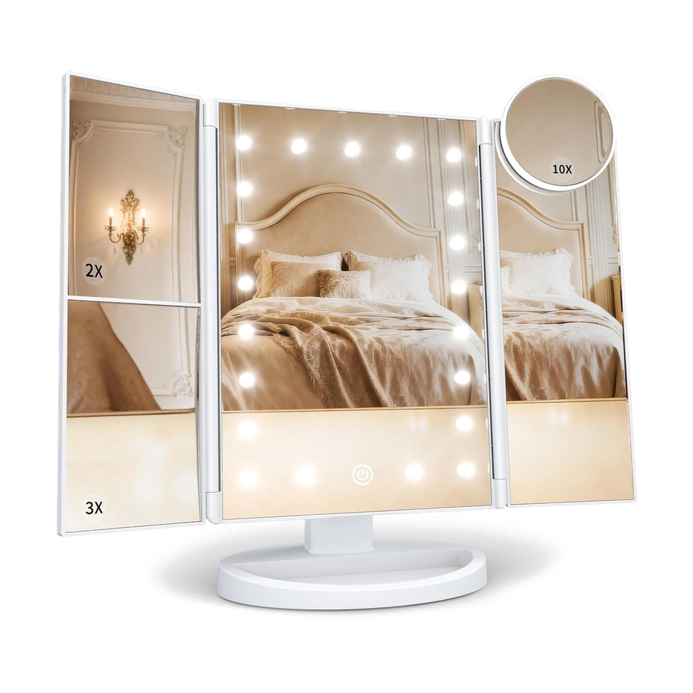 Tri-Fold LED Makeup Mirror with 10X Magnification