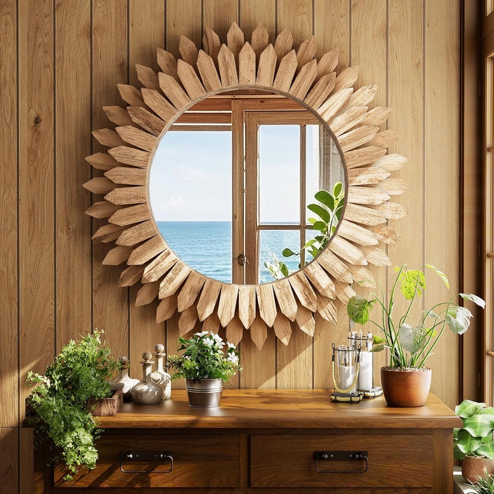 Wood Sunburst Wall Mirror
